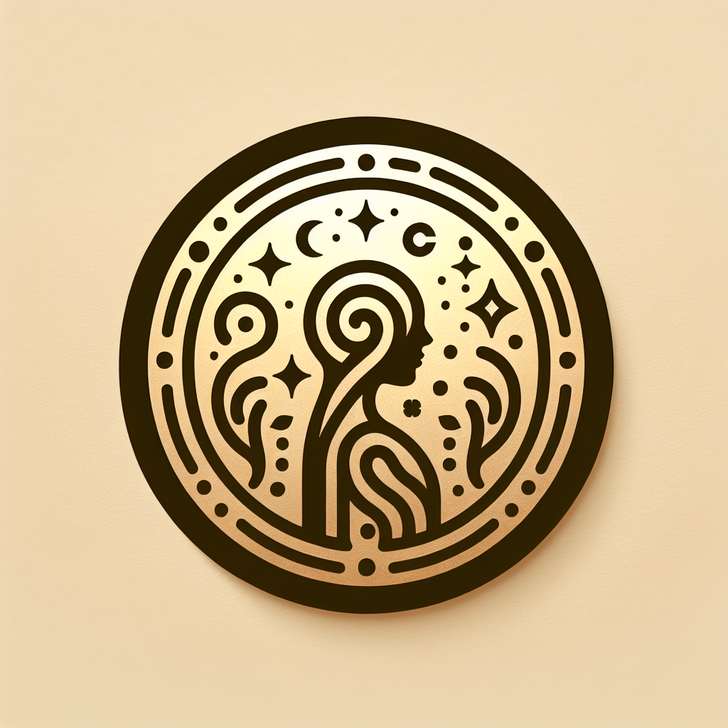 Et logo til en astrologisk side, der udstråler mystik og spiritualitet, men stadig har et moderne og professionelt udtryk, der afspejler sitets services og produkter. I gyldne og pastel farver